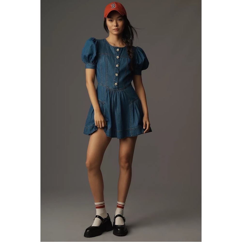 Anthropologie Maeve Puff-Sleeve Tiered‎ Denim Mini Dress in Medium Indigo Blue